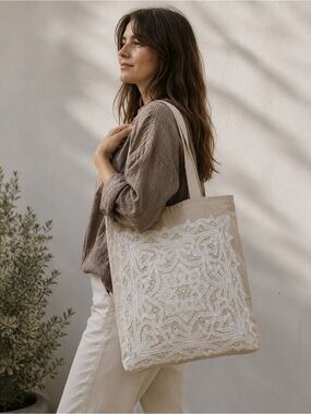 Lace Trimmed Organic Cotton Tote Bag